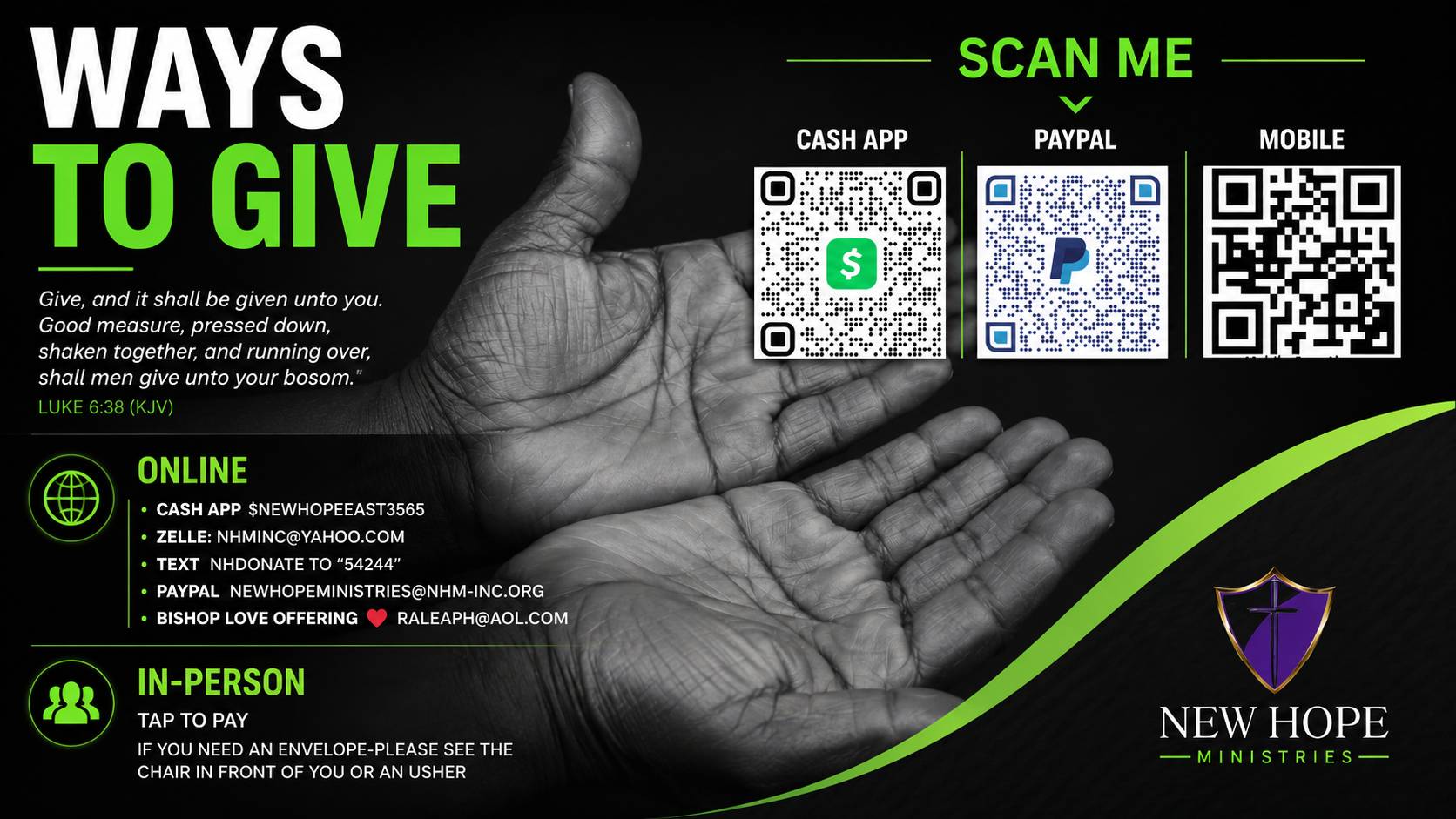 Ways to give at New Hope Cathedral: Cash App, Zelle, PayPal, text to give, and in-person giving with QR codes